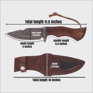 Puede incluir: Cuchillo de caza con hoja estampada, mango de madera y funda de cuero. La hoja mide 12.7 cm de largo, y la longitud total del cuchillo es de 29.2 cm. La funda mide 25.4 cm de largo y 7.6 cm de ancho.