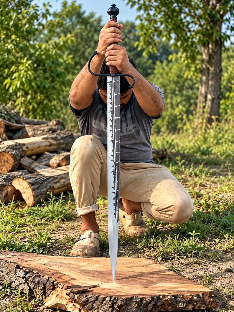 May include: A longsword with a dark, textured blade featuring a jagged, saw-like edge pattern along the center. The sword has a black crossguard, a dark brown spiraled grip, and a rounded pommel, held vertically with the tip resting on wood.