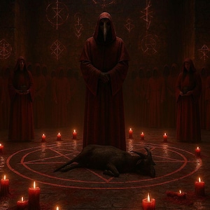 May include: A dark, atmospheric image depicting a ritualistic scene. A figure in a red hooded robe with a plague doctor mask stands before a pentagram. A dead goat lies within the circle, surrounded by lit candles and other robed figures.