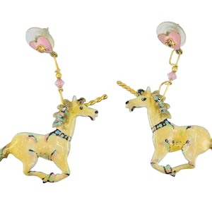 Seltene Vintage Signiert &#39;89 Lunch At The Ritz Heart Einhorn Jeweled Emaille Tropfen baumeln Ohrringe 5,7 cm