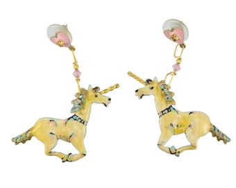 Rare Vintage Signed '89 Lunch At The Ritz Heart Unicorn Jeweled Enamel Drop Dangle Earrings 2.25"