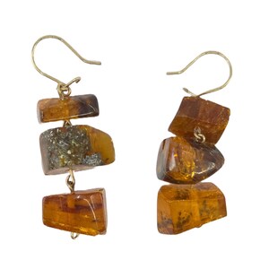 Vintage gold-filled natural cognac amber freeform nugget drop dangle earrings