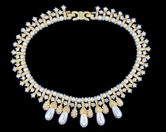 Stunning Signed Crystals And Faux Baroque Pearl Bridal Choker Necklace ~ 16 inch