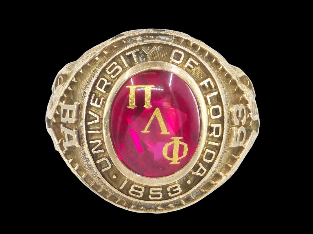 Pi Ring University of Florida 1953 BA Degree Pi Lambda Phi Solid 10K Gold Class ...