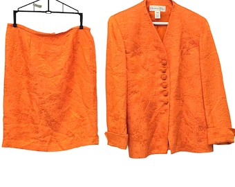 Vintage 80's Christian Dior Saffron Orange Ladies Jacket Blazer Skirt Suitt sz 4
