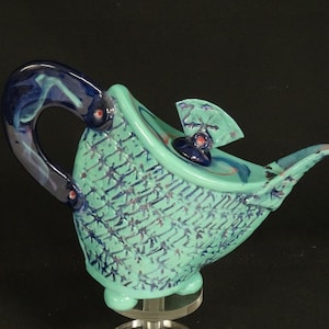 Artisan Signed Lucinda Pittman Incised Green Glazed NC North Carolina Pottery Inclined Teapot