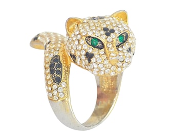 Jeweled Pave Crystal Leopard / Panther Gold Plated Bypass Cocktail Ring ~ sz 7