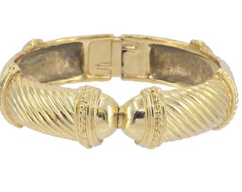Vintage Crown Trifari Etruscan Accent Gold Tone Hinged Bangle Bracelet ~ 6.5 in