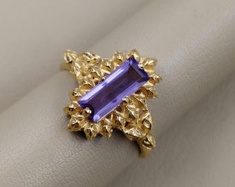 Anillo de amatista genuina de barra larga - Joyería de hojas hecha a mano en plata de ley 925 - Banda de hojas naturales