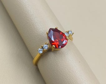 Teardrop Garnet Sterling Silver Ring, Handmade Pear Cut Ring For Women