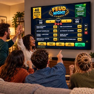 May include: A large television screen displays a digital game interface titled Feud Night, featuring 40 rounds, team scores, and interactive buttons for questions, scoring, and sound effects, set against a dark blue background with gold accents.