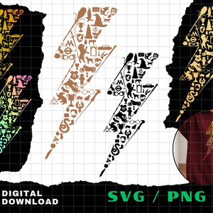 May include: Several lightning bolt designs filled with icons in gold, brown, black, and a rainbow gradient. The image also includes the words "DIGITAL DOWNLOAD" and "SVG / PNG".