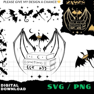 Peut inclure: Illustration numérique en noir et or avec des silhouettes de dragons et de chauves-souris, des livres et des étoiles. Le texte "PLEASE GIVE MY DESIGN A CHANCE!" et "DIGITAL DOWNLOAD SVG / PNG" est inclus.