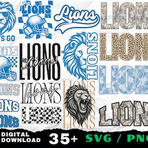 May include: A digital collection of graphic designs featuring the word LIONS in various fonts and styles, including blue lion heads, football helmets, leopard print, camouflage patterns, floral prints, and checkerboard backgrounds for sports.