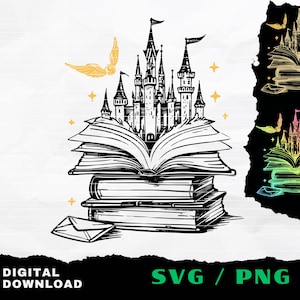 May include: Black and white illustration of a castle atop a stack of books, with a golden snitch and stars. The image includes the text "DIGITAL DOWNLOAD" and "SVG / PNG".