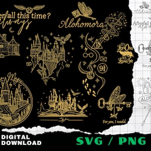 May include: A collection of gold-coloured line art illustrations on a black background featuring castles, a winged key, a wand, glasses, and text including After all this time, Always, Alohomora, It's LeviOsa not Leviosa, and Believe in Magic.