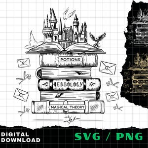 May include: Black and white illustration of a stack of books with the titles "Potions", "Herbology", and "Magical Theory". A castle, a flying bird, keys, and envelopes are also depicted. The words "Digital Download" and "SVG / PNG" are also visible.