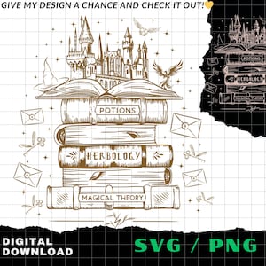 May include: A digital download graphic featuring a stack of books with the titles "Potions", "Herbology", and "Magical Theory". A castle sits atop the books, with flying objects and envelopes scattered around. The text "PLEASE GIVE MY DESIGN A CHANCE AND CHECK IT OUT!" is at the top.