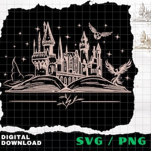 May include: A digital download graphic showing a detailed illustration of a castle atop an open book, with stars and flying creatures. The image is in a light colour against a black background, with the words "DIGITAL DOWNLOAD" and "SVG / PNG".