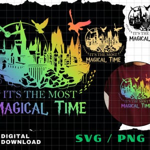 Peut inclure: Un téléchargement numérique avec un graphisme représentant un château coloré et le texte "IT'S THE MOST MAGICAL TIME." Le design comprend des oiseaux en vol et un dégradé arc-en-ciel, disponible en formats SVG et PNG.