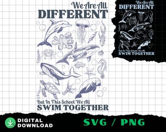 We All Swim Together PNG, Teacher Back to School Shirt Design, Ocean Animal Classroom Graphic, Underwater Turtle SVG