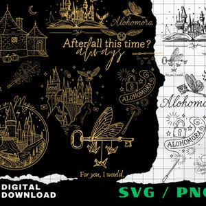May include: A digital collection of gold and black line art illustrations featuring fantasy castles, winged keys, wands, and magical text including Alohomora, After all this time, Always, Believe in Magic, and Expecto Patronum on a grid background.
