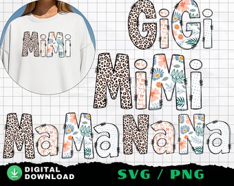 Preppy Leopard Mama PNG Bundle, Gigi Mimi Nana PNG, Family Name PNG Set, Leopard Print Sublimation Design, Mom Life Shirt Design Download