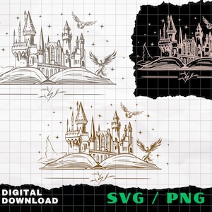 Könnte beinhalten: Digitaler Download-Grafik mit einer detaillierten Illustration eines Schlosses auf einem offenen Buch, mit Vögeln und Sternen. Erhältlich in den Formaten SVG und PNG. Die Wörter "DIGITALER DOWNLOAD" und "SVG / PNG" sind ebenfalls enthalten.