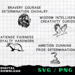 Peut inclure: Graphique numérique en noir et blanc avec un lion, un aigle, un blaireau et un serpent, chacun représentant des traits. Le texte comprend "Courage, Détermination, Chevalerie", "Sagesse, Intelligence, Créativité, Curiosité", "Patience, Loyauté, Travail acharné" et "Ambition, Ruse, Détermination".