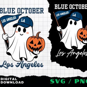 Pode incluir: Uma ilustração gráfica de um fantasma branco usando um boné de beisebol azul com LA, segurando uma abóbora laranja e uma flâmula azul com a inscrição Los Angeles. O texto Blue October e Los Angeles aparece em azul e branco.