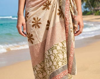 Sarongue de algodão estampado à mão, canga de praia indiana, saia, pareô, xale, lenço de algodão, sarongue, estampa em bloco, sarongue artesanal ecológico |