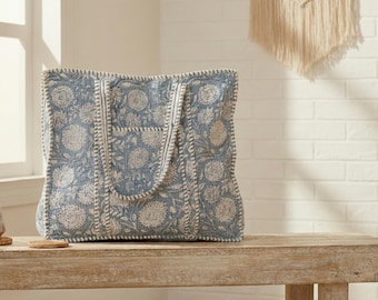 Indian Handmade Cotton Quilted Tote For Shopping, Shoulder Carry On For market/Bags, Hand Block Print Custom Storage Bag, Purses/Travel Bag