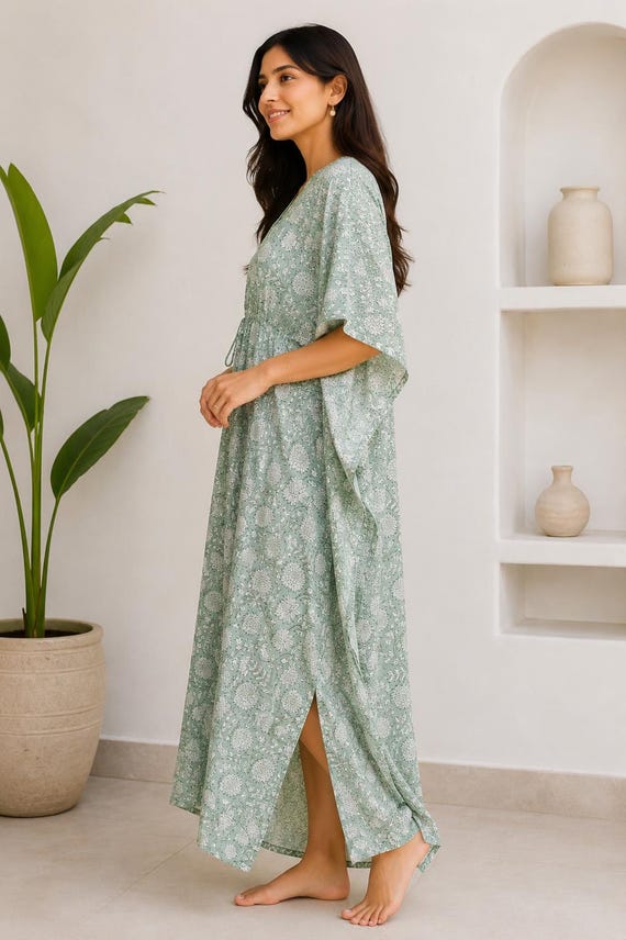 Sage Green Floral Cotton Kaftan Dress for Women, Hand Block Print Maxi Caftan, Boho Beach Cover Up, Loose Fit Lounge Dress