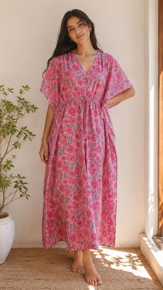 beach kaftan dress Hand Block Printed Dress, Indian Cotton Caftan, Boho Maxi Dress, Cover Up, Handmade Floral Resort Wear, Free Size Kaftan Send offers! Purple vintage Loop (Short Sleeve Everyday Shirts) Night Wear Gown Color:Lime Leikaslair