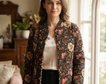 Hand Block Printed Quilted Jacket – Reversible Cotton Long Sleeve Coat for Women, Lightweight Boho Winter Jacket, Handmade Clothing |