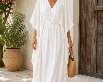 Vestido largo tipo caftán blanco para mujer, caftán de estilo resort, vestido holgado para vacaciones en la playa, caftán largo de corte relajado para vacaciones en la playa.