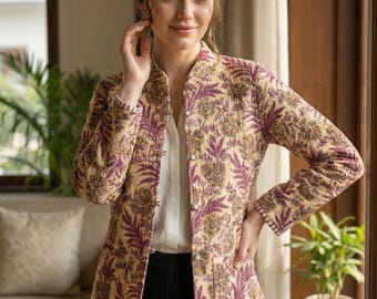 Women’s Hand Block Print Quilted Jacket, Floral Cotton Ethnic Winter Coat, Handmade Indian Reversible Jacket, Boho Street Style Outerwear