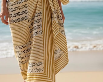 Hand Block Printed Cotton Sarong, Beach Wrap Pareo, Long Scarf, Large Sarong, Cover up, Soft Fabric Scarf, Boho Fashion Shawl Beach Sarong