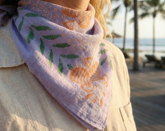 Handgjord bomullsbandana, huvudbonad med vintageblocktryck, lätt bohemisk sommarbandana, unisexhalsduk, strandbandana, paisleybandana