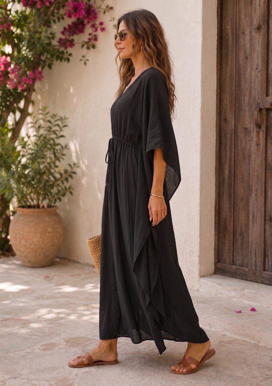 boho kaftan maxi dress Plus Size Boho Rayon Kaftan Maxi Dress: Blue Dusk Ruffle Sleeve V-Neck