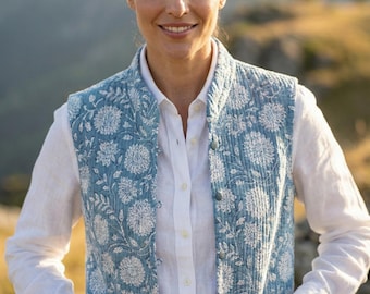 Blue Floral Quilted Cotton Jacket Vest for Women | Hand Block Print Sleeveless Jacket | Reversible Jacket, Boho Street Style Outerwear |