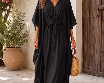 Abito caftano boho in cotone da donna, caftano lungo con coulisse in vita, copricostume da spiaggia, abbigliamento da resort, abito da casa taglia unica, completo per le vacanze