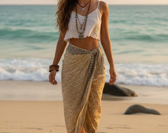 Pareo/copricostume da spiaggia in cotone stampato a mano in stile boho