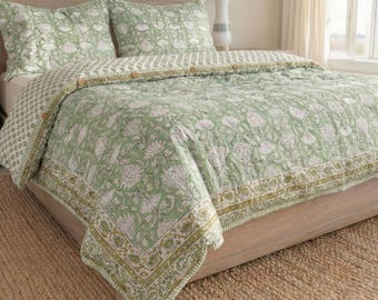 Sage Green Floral Printed Duvet Cover, Indian Hand Block Print Duvet Cover with Pillowcase & Shams, Cotton Sateen Fabric, King, Queen, Twin