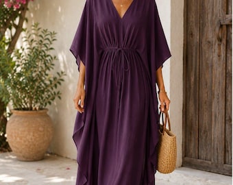 Plum Purple Cotton Kaftan Dress for Women, Maxi Kaftan with Waist, Beach Cover Up, Resort Wear Lounge Dress, Free Size Vacation Outfit |