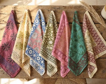 Set of 7 - Block Printed Cotton Bandana, Handmade Unisex, Boho Paisley Scarf, Organic Hair Or Neck Wrap, Sustainable Fashion Gift For All