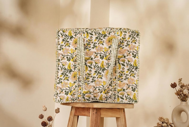 Hand Block Printed Tote Bag, Shoulder Bags, Grocery Bag, Quilted Bag For Women, Travel Weekender Bag, Carry Bag, Large Shopping Bags | Pattern 0009