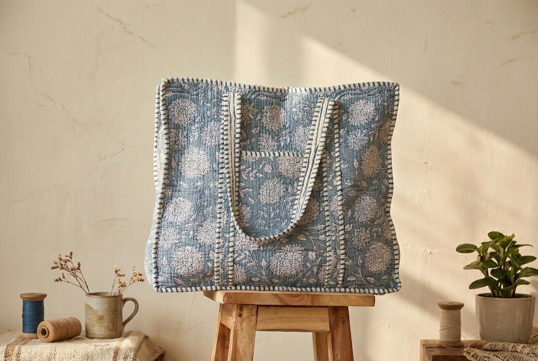 Blue Floral Quilted Handcrafted Blue Floral Quilted Tote Bag – Cotton ...