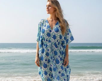 Hand Block Printed Kaftan, Women's Cotton Kaftan, Boho Cotton Kaftan, Free Size Kaftan Dress, Eco-Friendly Kaftan | 100% Cotton Swimwear