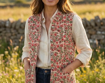 Vintage Floral Block Print Quilted Jacket – Women’s Sleeveless Cotton Vest, Indian Ethnic Layering Jacket for Women | Women's Jacket